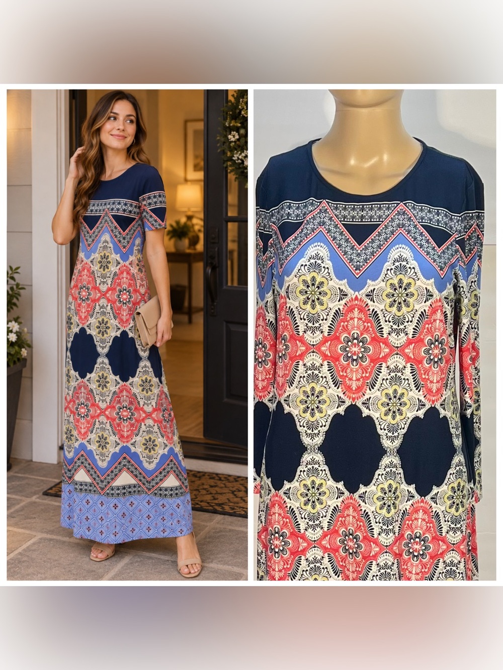 Donna Morgan Navy Multi-Print Short-Sleeve Maxi Dress size 6